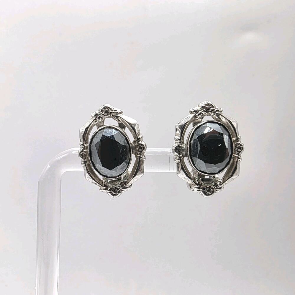 Vintage Sterling Silver Faceted Hematite Floral Clip on Earrings